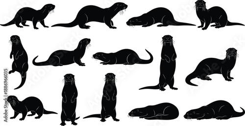 Otter silhouettes collection showing multiple poses and behaviors, aquatic mammal wildlife shapes, black vector illustration set for nature, animal design elements isolated on white