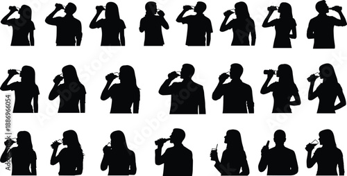 People drinking beverage silhouette icon set isolated on white background, men and women sipping bottles and glasses for lifestyle design, refreshment concepts, and graphic illustrations