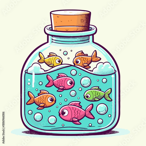 Cute cartoon vector illustration of various fish in a bottle