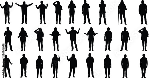 People silhouettes collection showing men and women in various standing poses and gestures, human figures, black vector illustration set for social, business, and lifestyle design