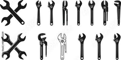 Set of black wrench and adjustable spanner tool icons isolated on white background, mechanical repair symbols for construction, maintenance, plumbing, and industrial service design