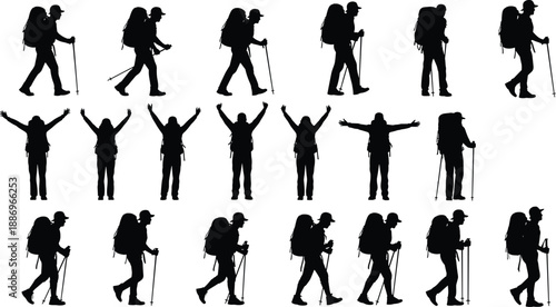 Set of hiking silhouettes showing backpacker trekking poses with walking, standing, and celebrating gestures, isolated black figures ideal for outdoor adventure design and animation reference