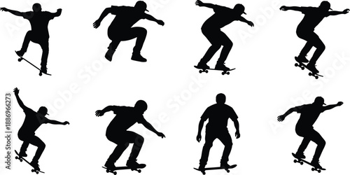 Set of Skateboarder Silhouettes Performing Various Action Tricks and Jumping Poses in Urban Extreme Sport Style for Creative Graphic Design and Vector Illustration Projects