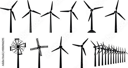 Set of wind turbine silhouettes showing various rotor designs for renewable energy, clean power, wind farm technology, sustainable electricity illustration isolated on white background