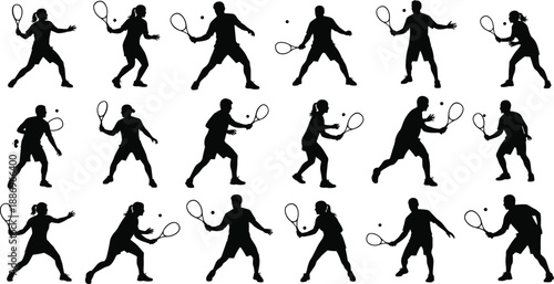 Tennis player silhouette action collection showing forehand backhand serve and volley movements in black vector style for sports training fitness competition and athletic illustration projects