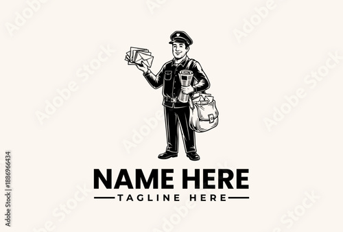 A black and white illustration of a postal worker holding mail and a bag with a logo and tagline on a beige background.