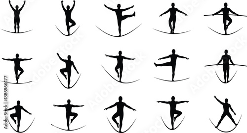 Tightrope and slackline walking silhouette icon set isolated on white background, balance training poses for fitness design, circus art, yoga concepts, and graphic illustrations