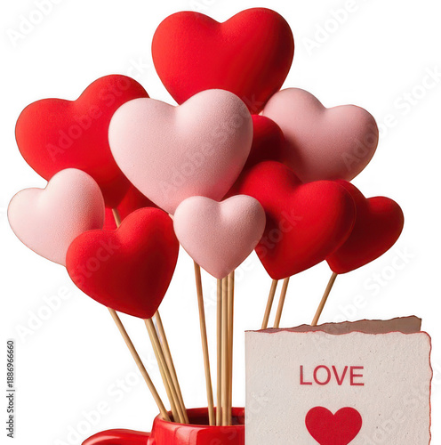 Romantic heart bouquet in vase with love note card for special occasion PNG