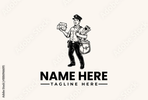 Black and white illustration of a postal worker holding mail and a bag with a logo and tagline on a beige background.