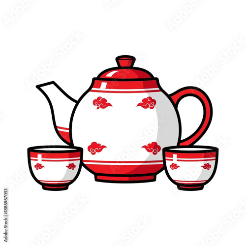 Red and White Tea Set Illustration.