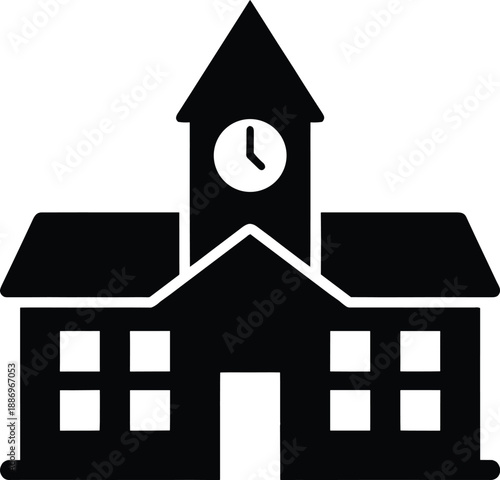 Minimalist black school building icon with clock tower and windows isolated on white background for education academic campus university