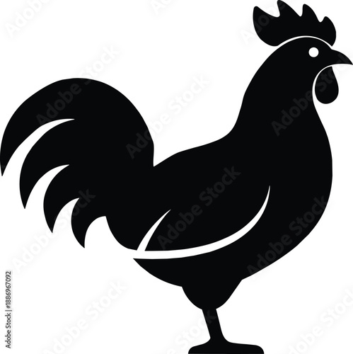 Rooster, cock, chicken, farm, animal, bird, poultry, livestock, agriculture, male, silhouette, black, icon, vector, symbol, sign, isolated, white, nature, farmyard.