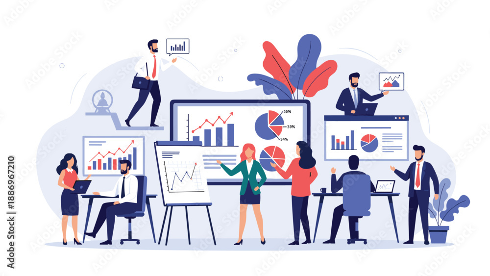 Fototapeta premium Busy corporate office scene with diverse professionals analyzing various data charts and graphs on different screens and whiteboards.