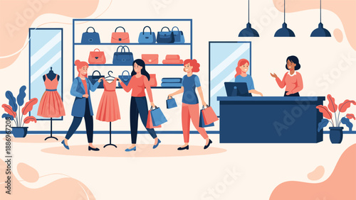 Group of diverse women enjoying shopping experience in modern clothing store with stylish dresses handbags and helpful shop assistant.