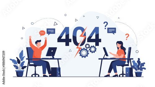 Creative website maintenance page illustration featuring giant 404 error code with lightning bolt and people working at computer desks.