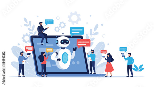 Group of diverse people using tablets and smartphones to interact with a friendly robot assistant shown on a large laptop screen.