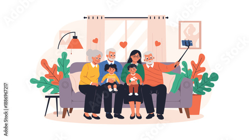 Multi-generational family taking a group selfie together with a selfie stick while sitting on a sofa in a cozy living room at home.