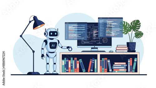 Advanced humanoid robot assistant working at a desk with a computer and bookshelf, representing future home office automation trends.