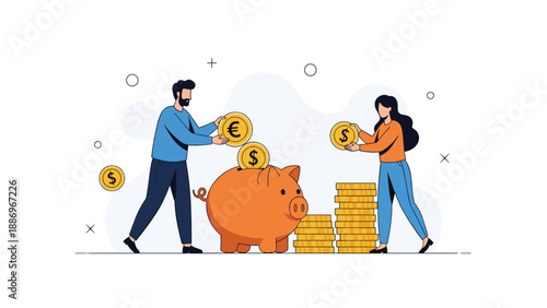 Young man and woman putting various gold coins into a large orange piggy bank next to growing money stacks, symbolizing safe savings.