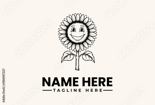 Black and white illustration of a smiling sunflower with leaves and a customizable name and tagline on a clean background, featuring a logo and icon design.