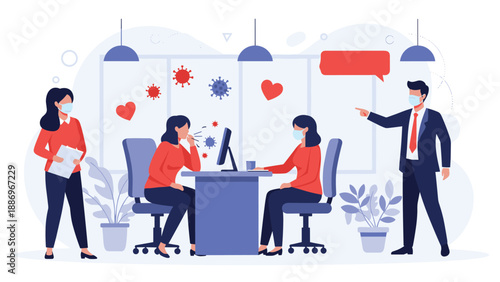 Office workers wearing protective face masks and maintaining distance while a colleague coughs, showing workplace health safety measures.