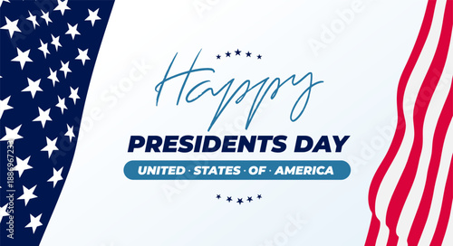 USA Happy Presidents’ Day background design. Patriotic American holiday vector illustration with national colors and symbols for banners, posters, flyers, web headers and celebration templates.
