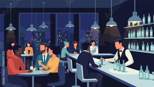 Elegant people enjoying colorful cocktails and conversation at a modern bar with a bartender serving behind a long counter at night.