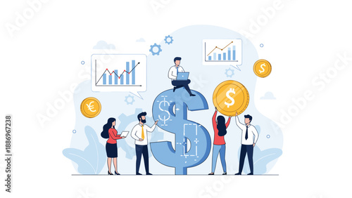 Collaborative group of business professionals working around a giant blue dollar sign with financial charts and gold coins background.