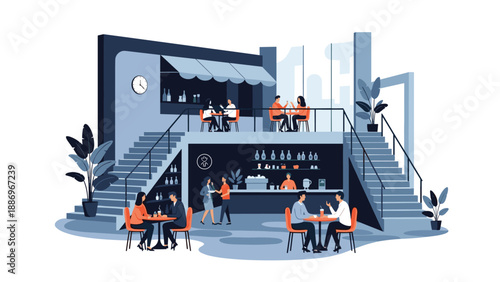 Modern two-story cafe and restaurant interior with diverse customers dining on different levels and a counter area for food service.