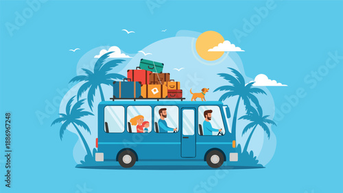 Family with a pet dog traveling in a blue van loaded with colorful suitcases on the roof past palm trees during a summer vacation.