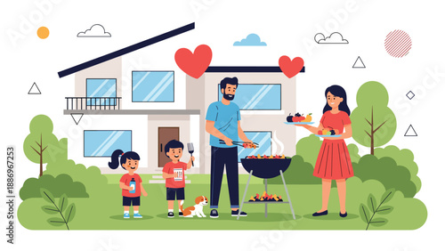 Happy family having a backyard barbecue party together in front of their modern house with a pet dog and grilled food on the lawn.