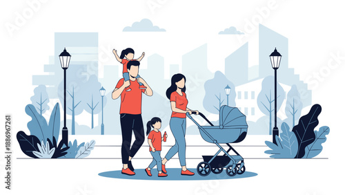 Young family with a child and a baby in a stroller taking a peaceful walk through a city park with buildings and trees in the distance.