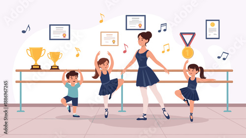 Professional ballet teacher instructing three young children in a dance studio equipped with a barre, trophies, and musical note icons.