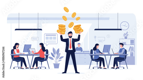 Successful businessman juggling gold coins in a modern corporate office while his colleagues work at their desks in the background.