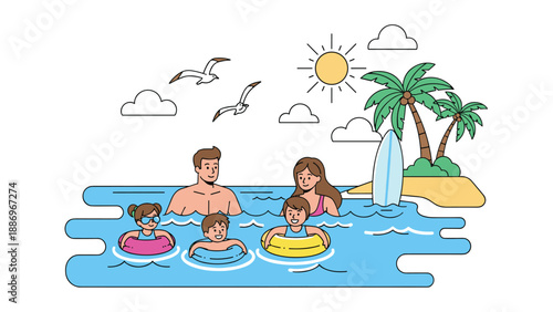 Happy family with two children swimming and playing with colorful inflatable rings in the clear blue ocean near a tropical beach shore.