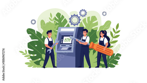 Team of three technicians in overalls using large tools to repair an automatic teller machine against a lush leafy green background.