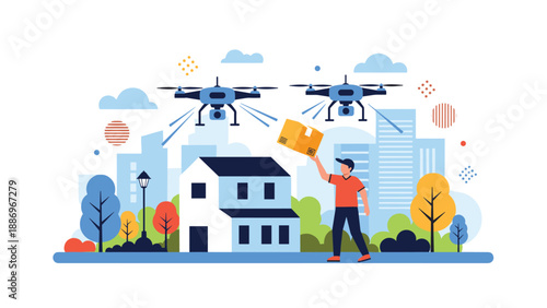 Delivery person receiving a package from a drone flying over a modern city neighborhood, illustrating future logistics and technology.