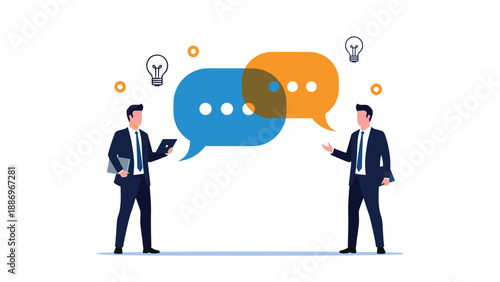 Two businessmen in suits standing and communicating with large speech bubbles and lightbulb icons representing creative new ideas.