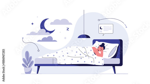 Young woman sleeping peacefully in her bed at night with a crescent moon and stars visible through a stylized window, rest and health.