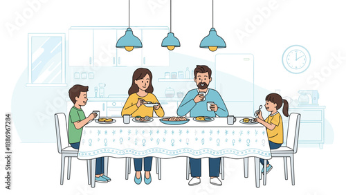 Happy family of four sitting around a large dining table and enjoying a healthy meal together in a modern well-lit kitchen setting.