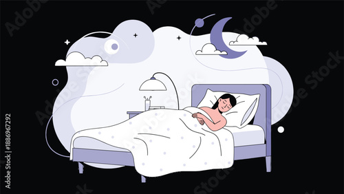 Woman resting comfortably in bed with a purple moon and night sky background, promoting sleep hygiene, relaxation, and wellness habits.