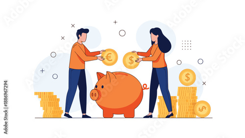 Man and woman working together to save money by putting various gold coins into a large orange piggy bank, financial planning concept.