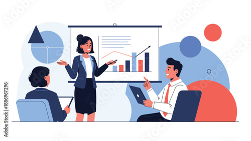 Professional businesswoman presenting a business growth chart to two colleagues in a modern meeting room with abstract background shapes.