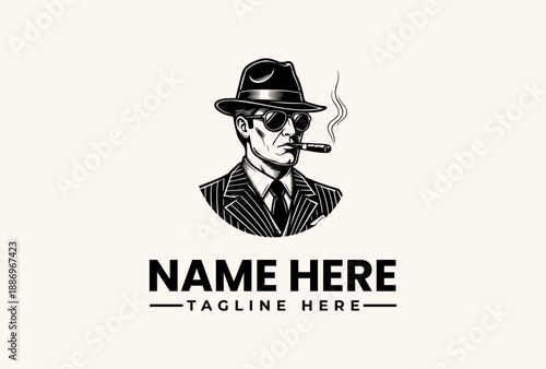 Black and white illustration of a man in a suit and hat smoking a cigar with a placeholder text for a logo or brand name on a plain background.