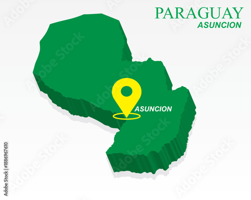 Paraguay Map Vector, Asuncion Capital City Marker on Green 3D Country Shape, Paraguay Infographic Design, Editable Destination Pointer Paraguay Geography