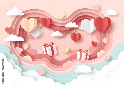 Abstract paper cut art celebrating Valentine's Day with heart shapes, gifts, and clouds in soft pink and red hues, evoking love and celebration