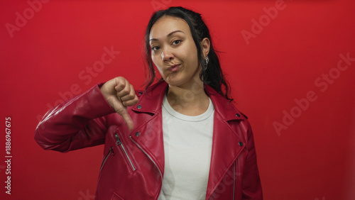 Cuadro en lienzo Young hispanic woman showing thumbs down in red studio wearing red leather jacket and white tshirt; disapproval