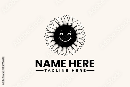 A stylized illustration of a smiling sun logo with a flower-like design, accompanied by placeholder text for a name and tagline on a clean white background.