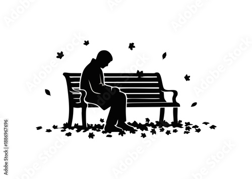 Lonely figure sitting on a park bench surrounded by falling leaves, representing solitude and introspection
