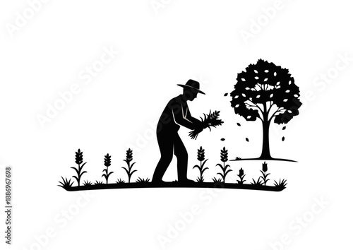 Silhouette of a farmer harvesting crops near a tree under a full moon, embodying the spirit of rural life and agricultural bounty